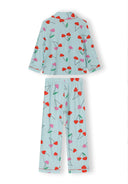 Blue long sleeve girls pyjama set with playful cherry print and elasticated waist for comfortable fit.