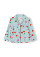 Blue long sleeve girls pajama top with cherry heart print, button closure, and contrast piping design detail.