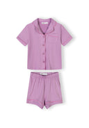 Girls soft short sleeve pink pajama set with button-up top and elastic waist breathable design