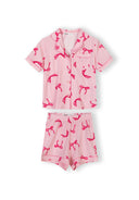 Pink short sleeve pajama set for girls featuring a playful bow print design, soft fabric, and breathable comfort.
