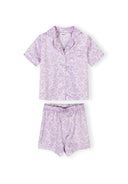 Lilac satin kids pajama set with button front and heart pattern, featuring a unique and playful design.