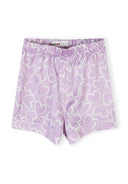Lilac satin shorts with white heart print design, part of a girls’ fashion sleepwear set.