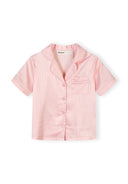 Pink and white striped satin girls short-sleeve top with button front and pocket, kids fashion design.