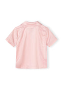 Back view of girls satin short-sleeve top in pink and white stripe with a classic collar design