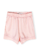 Pink and white striped satin shorts with elastic waistband, part of a girls’ pyjama set featuring a unique design.