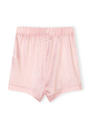 Pink and white striped satin shorts with elastic waistband, part of a girls' sleepwear set featuring a unique design.