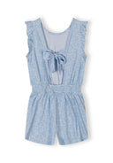 Light blue floral kids jumpsuit with flutter sleeves and a front bow tie detail, designed for comfort and style.