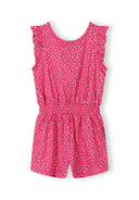 Pink floral short sleeve jumpsuit with ruffle details and elastic waistband, stylish design for kids fashion.