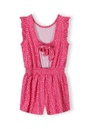 Pink floral short sleeve girls jumpsuit with ruffle sleeves and front tie detail in kids fashion design