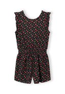 Black floral short jumpsuit for girls featuring a unique ruched waist and ruffled sleeve design.