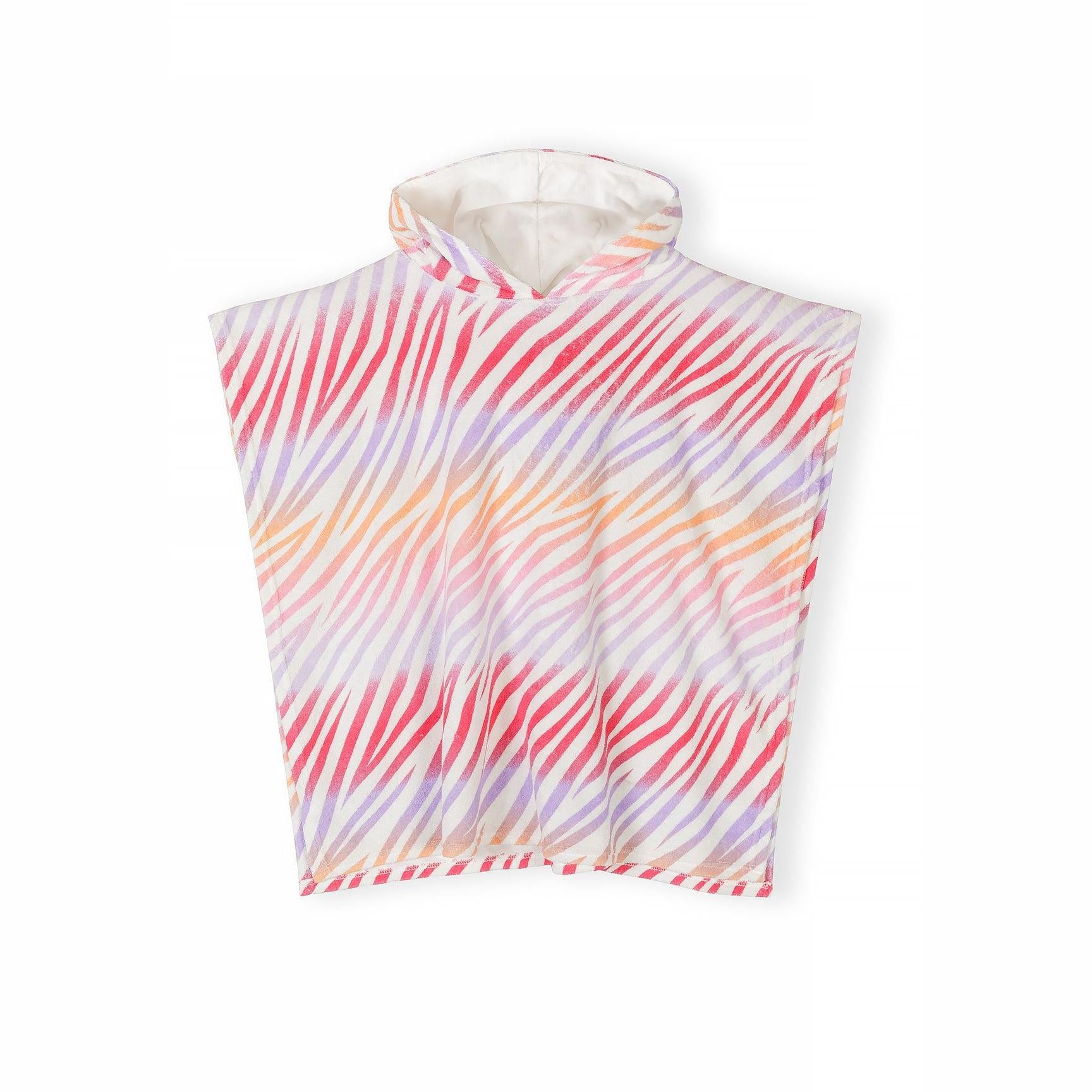 Flat lay of rainbow zebra stripe hooded towelling cover-up showing full poncho design with colourful hood spikes against white background