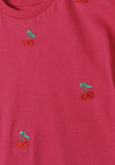 Close-up of pink cotton fabric with embroidered cherry designs, showcasing a cute and playful kids fashion detail.