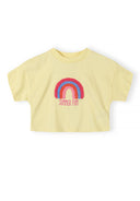 Pale yellow short sleeve cotton t-shirt for girls featuring colorful rainbow applique and "SUMMER FUN" text design.