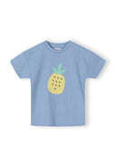 Light blue kids cotton t-shirt with a simple yellow pineapple fruit design on the front for baby fashion.