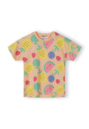 Kids cotton t-shirt with cheerful fruit print design in apricot, yellow, pink, blue, and green colors.