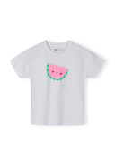 White cotton kids T-shirt featuring a playful fruit design with a smiling pink watermelon slice on front.