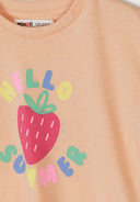 Peach cotton t-shirt with colorful fruit print design and playful "Hello Summer" text for kids fashion.