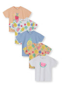 Set of five colorful girls cotton t-shirts featuring playful fruit designs in apricot, white, and blue tones.