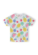 White cotton kids shirt with colorful smiling fruit prints and playful design for toddlers and young children