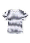 White cotton kids t-shirt with navy blue horizontal stripes, featuring a classic crew neck design.