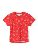 Red kids cotton t-shirt with all-over pink heart print unique design for girls aged 3 to 7 years.