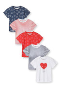 Set of five multicolour girls cotton t-shirts featuring stripes and heart designs, ideal for kids fashion.
