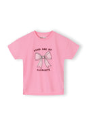 Pink girls cotton t-shirt with a bow print and text design, suitable for kids and baby fashion.