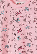 Pink cotton fabric with blue bow prints and motivational words like "awesome" and "you can do it" in playful design.