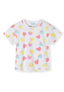 White short-sleeved cotton t-shirt for girls with colorful pastel heart pattern, featuring a playful and cheerful design