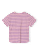 Back view of a girls' lilac striped short-sleeved cotton t-shirt with a simple, comfortable design