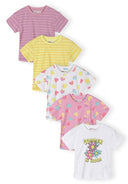 Set of five colorful girls cotton t-shirts with striped, heart, and floral summer-inspired designs