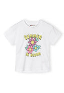 White short-sleeved cotton t-shirt for kids featuring colorful smiling flowers and "Summer in Bloom" design text.