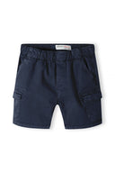 Boys casual combat shorts elasticated waistband navy 1-14y, featuring two side pockets and a comfortable fit. Perfect for daily wear.