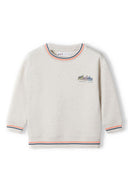 Boys crew sweatshirt with chest print beige 1-8y, soft fleece fabric, relaxed fit, ribbed neckline with colorful tipping.
