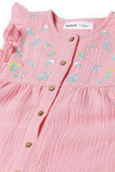 Girls jumpsuit with embroidery pink 3m-3y featuring delicate floral designs and frilled sleeves in soft, breathable fabric.