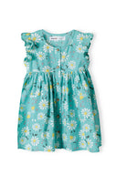 Girls dress frilled sleeves floral green 3m-3y featuring a soft, lightweight fabric with a vibrant floral print.