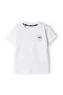 Boys t-shirt with photographic print white 3-14y featuring a white base, crew neckline, and sporty green chest graphic. Comfortable fit.
