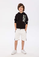 Boys fleece hoody sweatshirt branded print black 3-14y. Soft fleece material with a cozy feel, featuring a hood and ribbed cuffs.