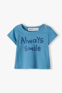 Boys short sleeve t-shirt 2 pack striped turquoise 0-12m made from soft fabric with 'Always smile' slogan on a blue background.