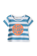 Boys short sleeve t-shirt 2 pack striped turquoise 0-12m with blue horizontal stripes and orange 'EAT SLEEP PLAY' slogan.  