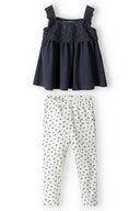 Girls two-piece set broderie frill top heart print leggings grey 3m-3y. Navy frilled top with lace detailing and heart print leggings. Soft fabric. 