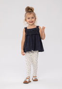 Girls two-piece set broderie frill top heart print leggings grey 3m-3y. Navy broderie frill top with polka dot leggings for toddlers.