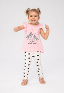 Girls two-piece frill top with spotty leggings light pink 3m-3y. Light pink top with frilled sleeves and zebra print paired with monochrome spotty leggings. 