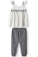 Girls embroidered top and gingham trousers cream 3m-3y with flared fit, frill straps, and monochrome gingham pattern.  