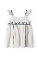 Girls embroidered top, cream woven fabric with frill straps and black embroidery detail, size 3m-3y.