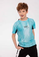 Boys sports mesh t-shirt contrast panels mint 3-14y features breathable fabric with dynamic mint hue and contrasting black sleeves.