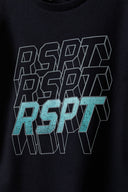 Boys t-shirt graphic crew neck black 3-14y featuring bold RSPT print in aqua and grey on solid black fabric. Comfortable fit.