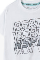 Boys t-shirt graphic white 3-14y featuring bold 3D 'RSPT' print in silver, crafted in soft cotton for comfort.