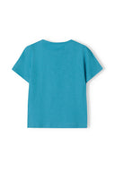 Oversized slub turquoise boys t-shirt with short sleeves for ages 1-8y, lightweight breathable fabric. Comfortable summer wear.