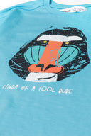 Boys t-shirt oversized slub turquoise 1-8y with colorful baboon graphic and playful text design. Soft, breathable fabric ensures comfort.